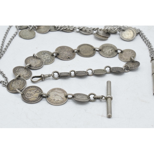 328 - A trio of silver / white metal jewellery items to include a threepenny bit bracelet, a foreign coina... 