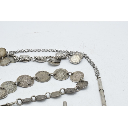 328 - A trio of silver / white metal jewellery items to include a threepenny bit bracelet, a foreign coina... 