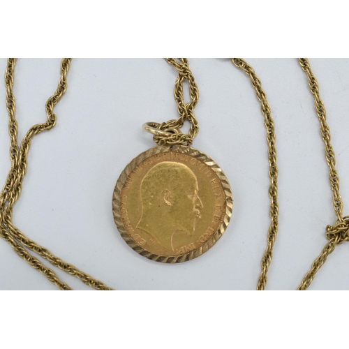 33 - 22ct gold half sovereign, 1906, in 9ct gold mount on 9ct gold chain with base metal clasp, 8.0 grams... 