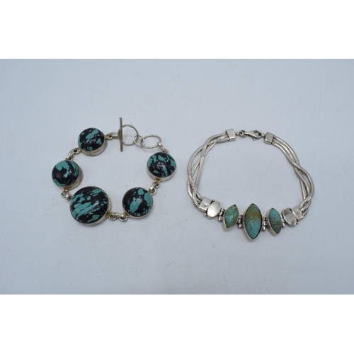 377 - A pair of ladies bracelets, each set with turquoise-effect inserts, longest 20cm (2).