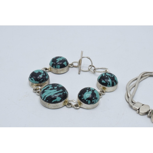 377 - A pair of ladies bracelets, each set with turquoise-effect inserts, longest 20cm (2).