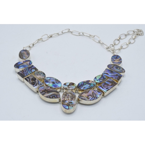 378 - A chunky silver ladies necklace set with abalone panels, 14cm wide.