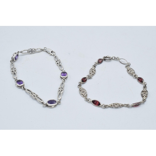 380 - A pair of silver ladies bracelets, each set with semi-precious stones with ornate decoration, both 1... 