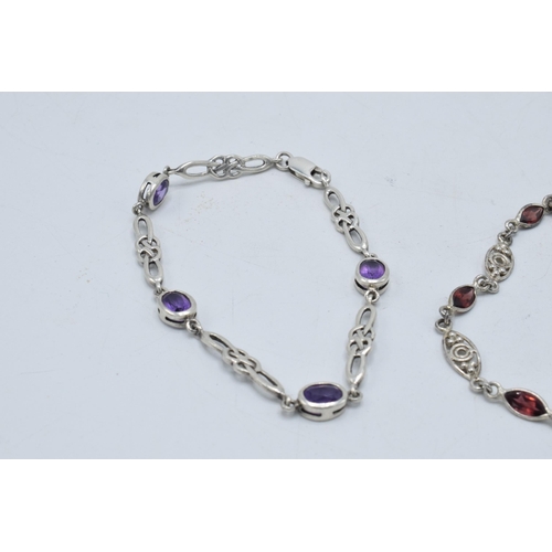 380 - A pair of silver ladies bracelets, each set with semi-precious stones with ornate decoration, both 1... 