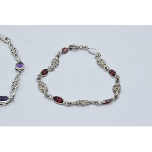 380 - A pair of silver ladies bracelets, each set with semi-precious stones with ornate decoration, both 1... 