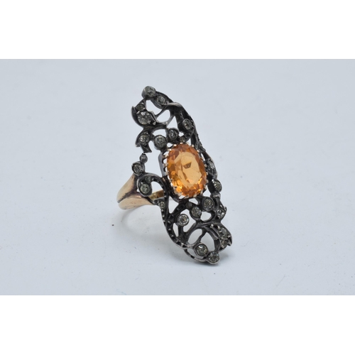 415 - Georgian gold and silver ladies ring set with an orange and clear stones, 5.3 grams, size P.