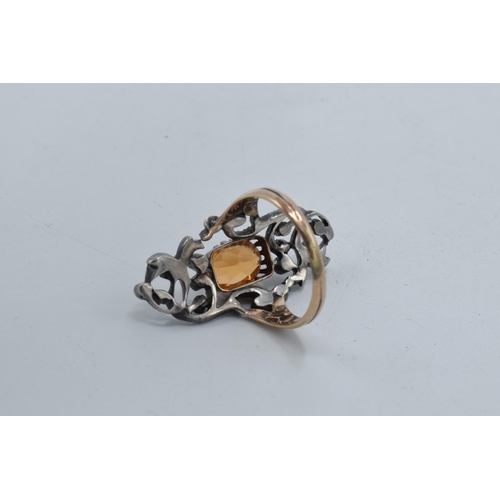 415 - Georgian gold and silver ladies ring set with an orange and clear stones, 5.3 grams, size P.