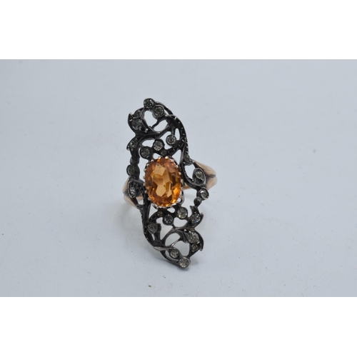 415 - Georgian gold and silver ladies ring set with an orange and clear stones, 5.3 grams, size P.