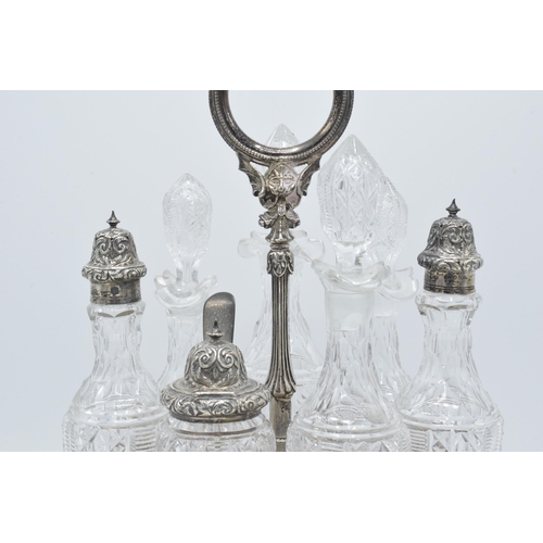 55 - Hallmarked solid silver condiment tray with glass bottles and decanters, Sheffield 1879, makers mark... 