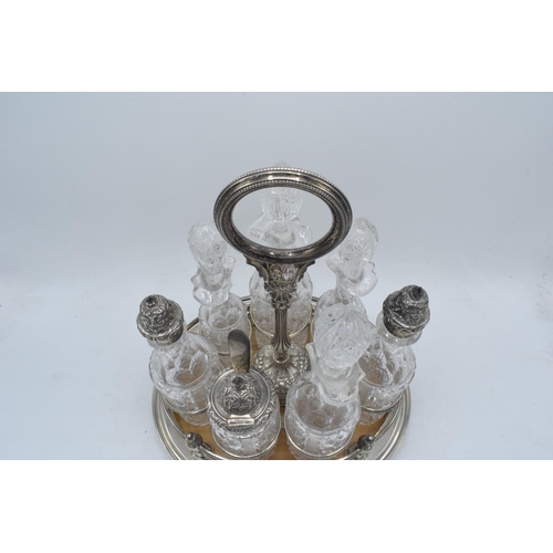 55 - Hallmarked solid silver condiment tray with glass bottles and decanters, Sheffield 1879, makers mark... 