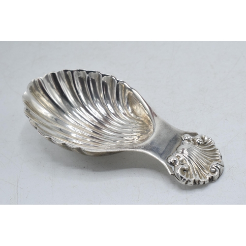 62 - Hallmarked silver caddy spoon with shell bowl, S J Rose & Son, Birmingham 1964, 20.4 grams, 8cm long... 