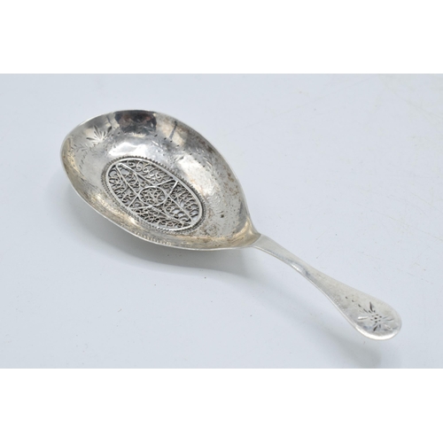 63 - German silver .800 caddy spoon with filigree-design bowl, stamped with marks dating prior to 1886, 9... 