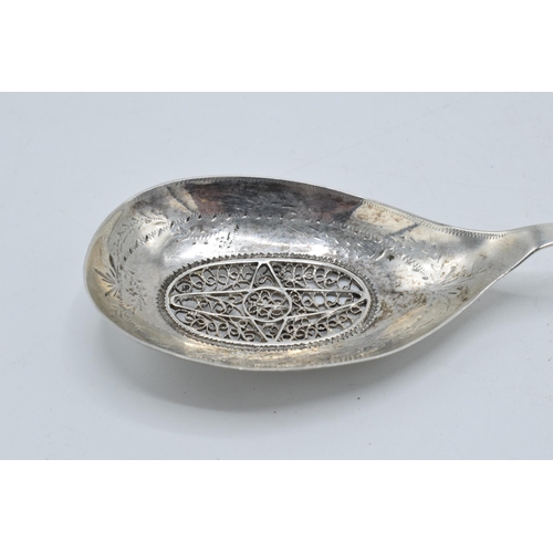 63 - German silver .800 caddy spoon with filigree-design bowl, stamped with marks dating prior to 1886, 9... 