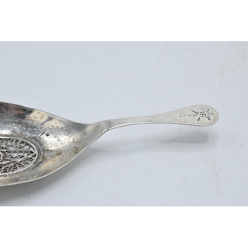 63 - German silver .800 caddy spoon with filigree-design bowl, stamped with marks dating prior to 1886, 9... 