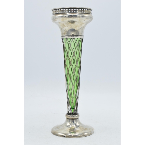 82 - Edwardian hallmarked silver bud vase with green glass liner with pierced decoration, Birmingham 1912... 