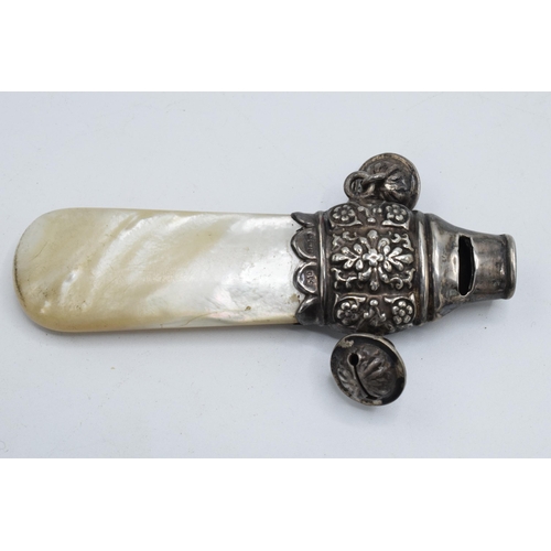 91 - Hallmarked silver baby rattle and whistle with Mother of Pearl handle.