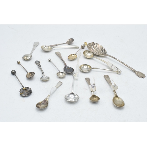 92 - A collection of silver condiment spoons of varying ages and designs, mostly hallmarked, approx 55 gr... 