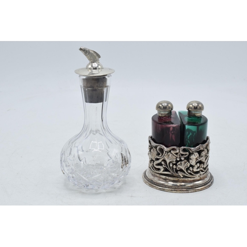 95 - Silver topped scent bottle with fish finial, Birmingham 1978, together with a silver plated set.