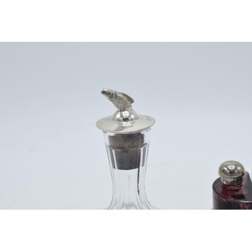 95 - Silver topped scent bottle with fish finial, Birmingham 1978, together with a silver plated set.