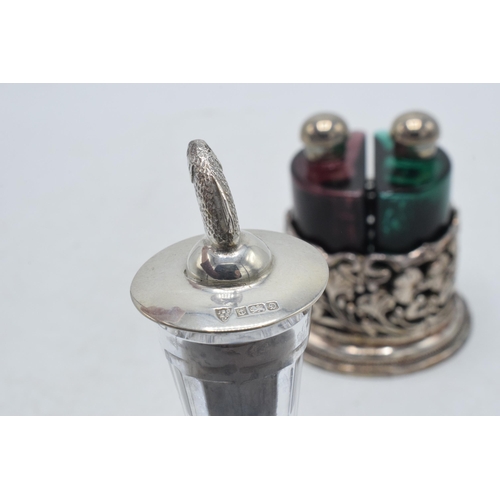 95 - Silver topped scent bottle with fish finial, Birmingham 1978, together with a silver plated set.