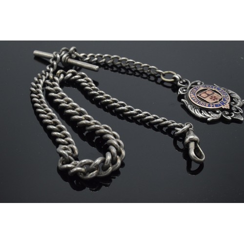 227 - Hallmarked silver Albert watch chain with T-bar and fob, 49.0 grams, 39cm long.