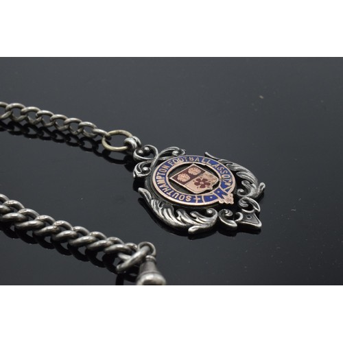 227 - Hallmarked silver Albert watch chain with T-bar and fob, 49.0 grams, 39cm long.