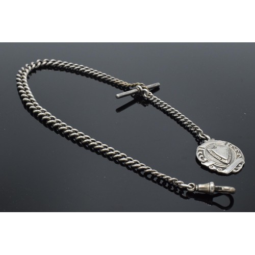 228 - Hallmarked silver Albert watch chain with T-bar and fob, 36.8 grams, 39cm long.