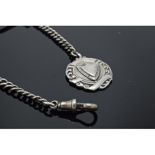 228 - Hallmarked silver Albert watch chain with T-bar and fob, 36.8 grams, 39cm long.