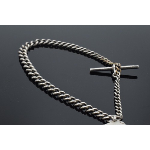 228 - Hallmarked silver Albert watch chain with T-bar and fob, 36.8 grams, 39cm long.