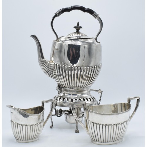 212 - Silver plated Walker and Hall spirit kettle with burner, milk and sugar (3).