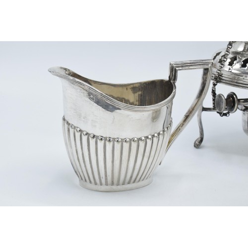 212 - Silver plated Walker and Hall spirit kettle with burner, milk and sugar (3).