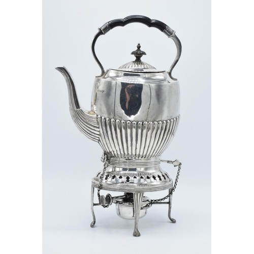 212 - Silver plated Walker and Hall spirit kettle with burner, milk and sugar (3).