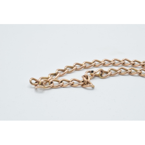 221A - 9ct rose gold Albert watch chain with T-bar, each link stamped '9 375', 34cm long, 27.6 grams.