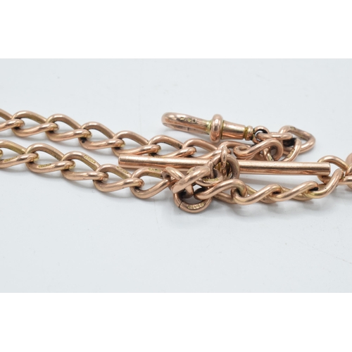 221A - 9ct rose gold Albert watch chain with T-bar, each link stamped '9 375', 34cm long, 27.6 grams.