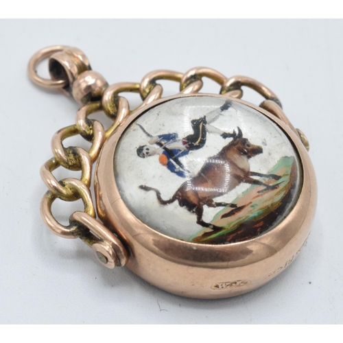 274A - 9ct rose gold pocket watch chain fob with ornate link handle with Essex Crystal insert of a bull fig... 