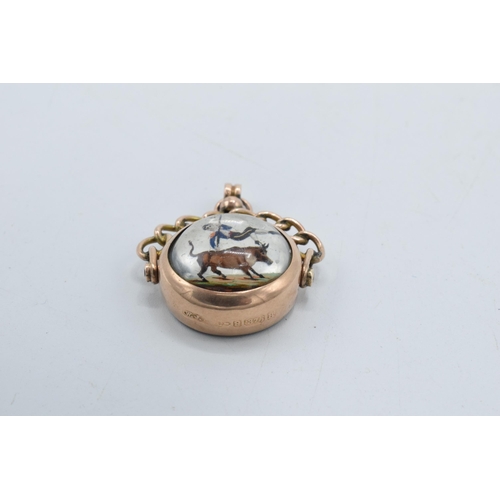 274A - 9ct rose gold pocket watch chain fob with ornate link handle with Essex Crystal insert of a bull fig... 