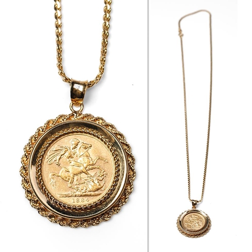 22ct gold Queen Victoria 1884 full sovereign set in 9ct rope edge gold mount on 9ct gold chain, combined weight 26.0 grams, chain 61cm long.
