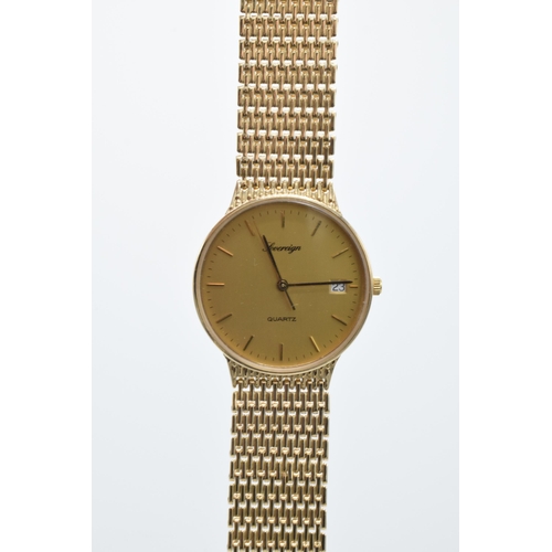 9ct gold gentleman's 'Sovereign' wristwatch on 9ct gold strap, 33mm, with date, Quartz movement, 43.7 grams gross weight.