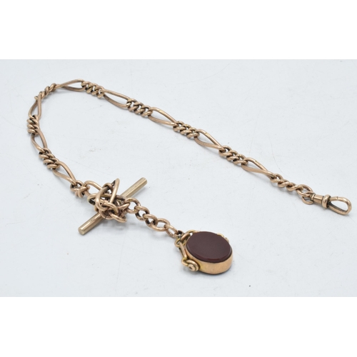9ct rose gold Albert watch chain with links and agate and bloodstone swivel fob, 39.0 grams, 35cm long.