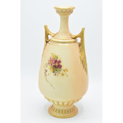 81 - Royal Worcester double handled blush ivory vase, shape number 2425, decorated in a floral pattern, 3... 