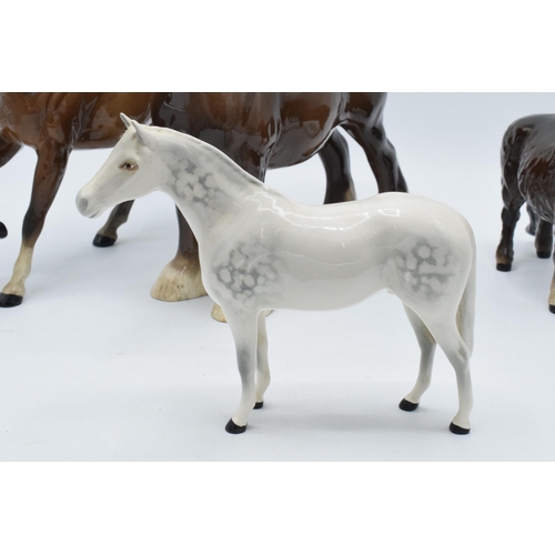 67 - Beswick horses to include brown shire 818, grey thoroughbred (13cm tall), a brown Shetland (ear af) ... 