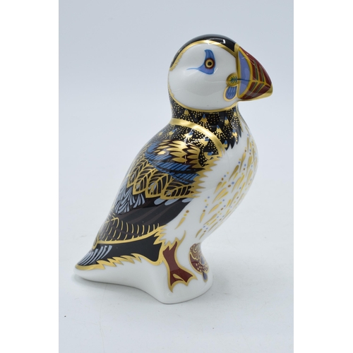 38A - Royal Crown Derby paperweight, Puffin, gold stopper and red Royal Crown Derby stamp on the base, box... 
