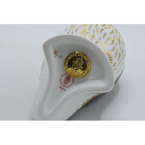 38A - Royal Crown Derby paperweight, Puffin, gold stopper and red Royal Crown Derby stamp on the base, box... 