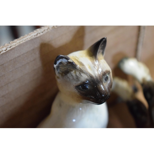 59 - Beswick palomino mare facing left 976, barn owl 1046, a Siamese cat 1558 and a brown foal together w... 