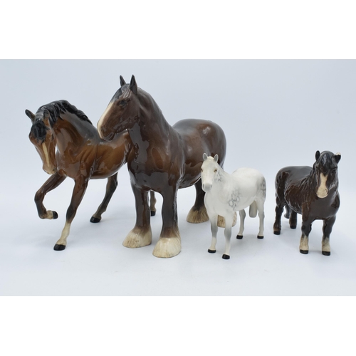 67 - Beswick horses to include brown shire 818, grey thoroughbred (13cm tall), a brown Shetland (ear af) ... 