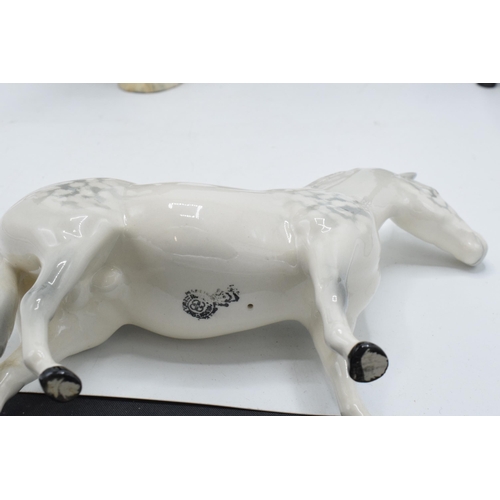 67 - Beswick horses to include brown shire 818, grey thoroughbred (13cm tall), a brown Shetland (ear af) ... 