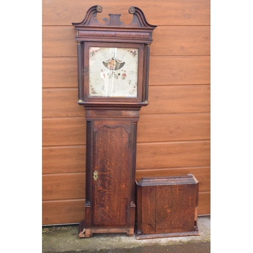 478 - 19th century oak longcase clock with rolling moon dial with single weight and pendulum (needs attent... 