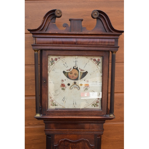 478 - 19th century oak longcase clock with rolling moon dial with single weight and pendulum (needs attent... 