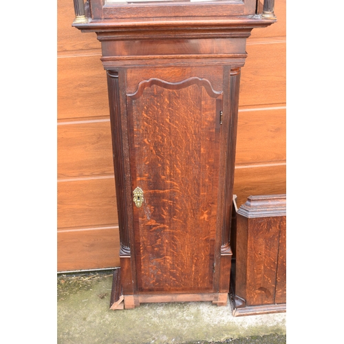 478 - 19th century oak longcase clock with rolling moon dial with single weight and pendulum (needs attent... 