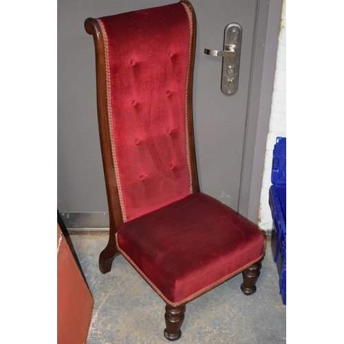 479 - French high backed low chair with upholstered decoration, 102cm tall.